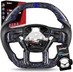 TESFEEL Heated Forged Carbon Fiber Steering Wheel for Ford F150 Raptor 2017-2020 (Gen 2), Double D-Shape Design, Blue Foil Accents with Matching Trim, Blue Stripe&Stitching, Fits Paddle Shifter Models