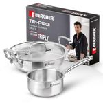 Bergner TriPro Triply Stainless Steel 3 Pcs Cookware Set - 24cm (3L) Indian Wok/Kadai with Lid, 16cm (1.7L) Teapan, Event Heating, Consumes Less Oil, Healthy Cooking - Induction and Gas Stove Ready