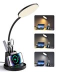 GOLSPARK Desk Lamp with Wireless Charger for Home Office, Eye-Caring Reading Lamp 3 Color Modes Stepless Dimming LED Desk Lamp, Touch Table Lamp with Pen Holder, CRI 90, AC Adapter Included