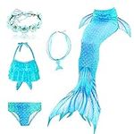 Lazeny 5Pcs Girls Swimsuit Mermaid Tails for Swimming Swimwear Bathing Suit Bikini Set (Blue #1,10-12 Years)