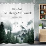 Riyidecor Mountain Shower Curtain 60Wx72H Inch Bible Verse Christian Inspirational God Words Foggy Tree Scenery Landscape Mens Bathroom Decor Fabric Polyester Waterproof 12 Pack Hooks