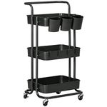 HOMCOM 3 Tier Utility Rolling Cart, Kitchen Cart with 3 Removable Mesh Baskets, 3 Hanging Box, 4 Hooks and Dividers for Living Room, Laundry, Garage, Black