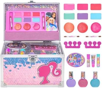 Barbie Kid Makeup Set for Girls in Train Case, Includes Lip Gloss, Eye Shimmer, Brushes, Nail Polish Accessories & more! Gift for Girls Ages 3+ by Townley Girl