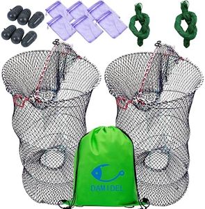 DAMIDEL 2Pcs 24in x 13in Folded Fishing Bait Trap, Half Opening Degin,0.16in Skeleton/15strands Nylon Traps Strong Foldable Nets for Fish/Crab/Shrimp/Crawdad, Bait Bag/Box/Rope/Storage Bag