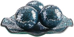 WHOLE HOUSEWARES | 11.5" Glass Mosaic Decorative Centerpiece Tray | Home Décor Centerpiece Bowl | Bowl with 3PCS 3.75" Mosaic Decorative Balls Turquoise Decor