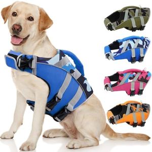 Kuoser Dog Life Jacket with Reflective Stripes, Adjustable High Visibility Dog Life Vest Ripstop Dog Lifesaver Pet Life Preserver with High Flotation Swimsuit for Small Medium and Large Dogs