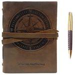 Genuine Leather Journal - Embossed Compass Design | Beautiful A5 Handmade Travel Diary, Vintage Writing Bound Notebook Antique Soft Rustic 6"x8" | 21x15 cm Unlined Paper for Notes Sketchbook + Pen