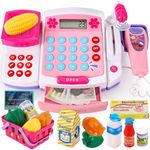 BUYGER Kids Shopping Toy Till for Kids, Childs Play Till with Scanner and Microphone Electric Calculator Weigh Play Food Set Accessories, Children Cashier Till Role Play Gifts for Age 3 4 5 Year Old