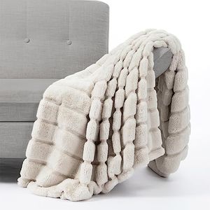 Cozy Bliss Faux Fur Throw Blanket for Couch, Cozy Warm Plush Striped Blanket for Sofa Bedroom Living Room, 60 * 80 Inches Beige