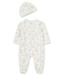 Little Me Baby Girls' 100% Cotton Scratch Free Tag 2-Piece Sleeper Footie and Cap Set, Ivory Rose, Newborn