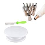 WISHOME 3 in 1 Combo Plastic 11 Inch Rotating Cake Turn Table Revolving Cake Stand Sculpting Tool Icing Spatula (3 Piece), 12 Piece Nozzles Piping Bag Cake Decorating Kit Party Supplies Baking Tools