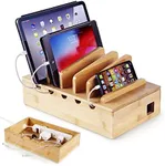 Modern Innovations Bamboo Charging Station for Multiple Devices (Natural) Wood Device Organizer, Desk Docking Stand for Cell-Phone Charger, Compatible with Apple, Android, iPad, iPhone, Tablet, Laptop