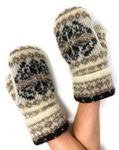 Warm Women Knit Mittens 100% Icelandic Wool Fleece Lined by Freyja Canada, Off-white, Brown and Beige, One Size