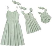 IFFEI Mommy and Me Dresses Matching Set Solid Front Button Family Matching Sleeveless Dresses with Headband and Pockets 4-5Y Green Mint