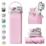 Sinyon Collapsible Water Bottles, 20oz Silicone Reusable Water Bottle with Straw and Strap, Leakproof Foldable Sports Water Bottle for Travel Camping Running Hiking Gym, BPA Free (Pink)