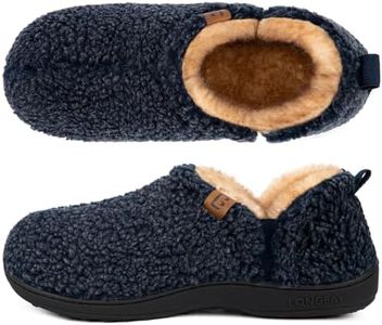 LongBay Men's Fuzzy Slippers Comfy Memory Foam House Shoes Slip-On Warm Winter Indoor Outdoor with Elastic Gores Navy Blue 11-12