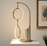 Brightech Nova Modern Table Lamp - Contemporary Arc Desk Lamp with 2-Circle Ring-Style Pendant - Alexa Compatible Nightstand Beside The Couch Lamp with Arching Pole Matches Living Room Décor - Brass