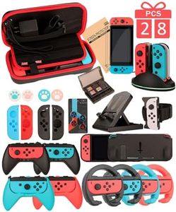 Switch Accessories - Family Bundle Accessories for Nintendo Switch, Carry Case& Screen Protector,4 Pack Joy Con Grips and Steering Wheels, Case Cover,Stand Mount,Joy Con Charger and More.