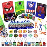 134pcs Avergen Party Bag Fillers for Kids, Superhero Party Favours with Masks Goodie Bag Slap Bands Blowing Dragon Stickers Keychains Badges Wall Climber Toys for Boys Girls Birthday