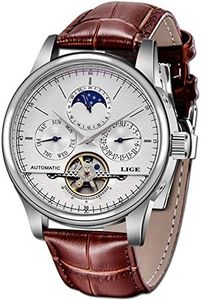 LIGE Waterproof Mens Watches Luxury Business Mechanical Watch Automatic Gold White Leather Strap Wristwatch, Silver white, Fashion