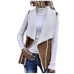 STYESH Brown Suede Jacket Women Fleece Vest Shearling Lined Reversible Open Front Lapel Gilet Vest Sleeveless Jacket, Brown, Large