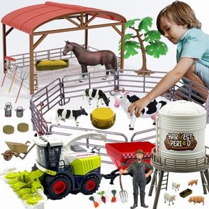 Peagprav Farm Animals Toys Set Barn Toy Combine Harvester Tractor with Trailer Horse Stable Grain Bins Horse Cow Farmer Figures Fence Playset for Kids Toddlers Boy Girl 3-7 Years Old