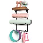 DOCMON Yoga Mat Holder, Wall Mount Yoga Mat Rack Home Gym Accessories, Storage for Foam Roller, with Wood Floating Shelves and 5 Hooks for Hanging Yoga Strap and Resistance Bands