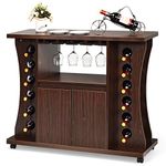 COSTWAY Mobile Buffet Sideboard, Serving Trolley Cart with Wine Rack, Glass Holder, Cabinet, Open Shelf and 5 Wheels, Pantry Wine Cabinet for Kitchen Bar Dining Room