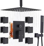 Enga Matte Black Rain Shower System with Jets, 12 Inch Ceiling Mount Rainfall Shower System and Handheld Spray, Bathroom Mixer Shower Combo Set Contain Valve Body and Trim