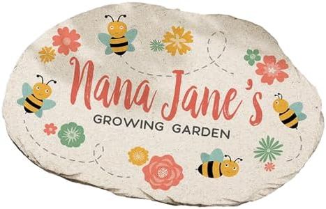 Personalization Universe Grandma's Bee Happy Garden Decor, Personalized Round Garden Stone with Floral Design, Perfect for Outdoor Gardens, Walkways, and Mother's Day - 7.5" x 12" Size