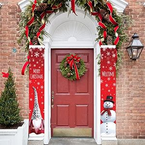 COLOFALLA 2PCS Bannières de Porte Noël Décoration Banderole Extérieur Porche Banderole Joyeux Noël Bonhomme de Neige Rouge Décor Banderole à Suspendre Maison Décor Merry Christmas