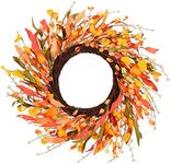 20" Artificial Fall Wreath for Front Door Orange Fall Leave Wreath Autumn Wreath with Colorful Autumn Foliage and Grain Farmhouse Fall Door Wreath for Harvest Thanksgiving Fall Decorations