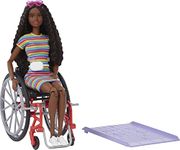 Barbie Fashionistas Doll #166 with Wheelchair & Crimped Brunette Hair Wearing Rainbow-Striped Dress, White Sneakers, Sunglasses & Fanny Pack, Toy for Kids 3 to 8 Years Old