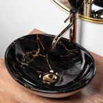 REMOTION Tabletop Ceramic Bathroom Sink | Countertop Wash Basin | Oval Shape Wash Basin For Bathroom (Glossy Black Gold)