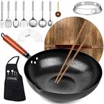 12.6'' Carbon Steel Wok Pan, KAQINU 14 Piece Stir Frying Pans Set with Wooden Lid & Cookwares, No Chemical Coated Flat Bottom Chinese Woks for Induction, Electric & Gas Stoves, Black