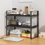 Hbluefat Desktop Organizer Shelf, 2-Tier Multipurpose Wood Office Desk Storage Rack, Small Computer Desk Bookshelf, Cubicle Decor Aesthetic Bookcase for Home Office (Black+Black)