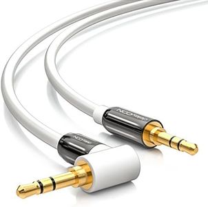 deleyCON 5m Cable de Audio de Cable de Audio Estéreo de 3,5mm AUX 1 Conector Acodado 90° para PC Portátil Móvil Smartphone Tablet Coches Receptor HiFi - Blanco