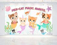 5x3 FT Mermaid Cat Birthday Backdrop - Magical Undersea Adventure Photography Background for Kids' Parties, Fantasy Celebrations, and Mythical Themed Events