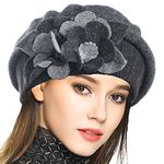 VECRY Lady French Beret 100% Wool Beret Floral Dress Beanie Winter Hat, Floral-grey, Medium