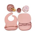 Baby Weaning Set | Toddler Feeding Set | Plate, Cup, Bowl, Spoon, Fork, Snack Cup, Lid | Silicone and Wood Materials | for Babies, Toddlers, Boys and Girls (Rose Pink)