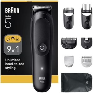 Braun Tondeuse Tout-En-Un Series 5, 9-En-1, Lame Ultra Affûtée, 120 Min D’autonomie, Protection SkinGuard Pour Le Corps, Coupe Précise Et Efficace, Manche AquaGrip Pratique Sous L'eau, AIO5540, Noir