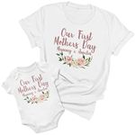 Purple Print House Mummy and Babies 1st Mothers Day Personalised Matching T Shirt and Babygrow Set Roses Flowers Mum Daughters Boys Girls Womens, 6-12 Months, White