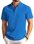 COOFANDY Mens Short Sleeve Henley Shirts Casual Summer Band Collar Beach Textured Shirt for Men Blue S