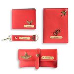 Thebaegift Personalised All in One Men's Combo Gift (4 pcs) Customized Leather Wallets, Key Chain, Eyewear Case and Passport Cover with Name | Best Gift for Brother, Husband, Boyfriend, Father (Red)