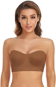 Lusait Strapless Bra for Women Non-Slip Silicone Padded Bandeau Bra Wireless Tube Top Bralette Brown M