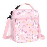 Clastyle Pink Unicorns Insulated Lunch Bag for Kids, Portable Large Thermal Cooler Lunch Bag for Girls, School Lunch Box Bag with Bottle Holder