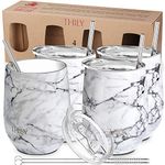 Stainless Steel Stemless Wine Tumbler - THILY 4 Pack Vacuum Insulated Travel Wine Glasses Set with Sliding Lids and Straws, 12 oz, Keep Cold for Juice, Coffee, White Marble