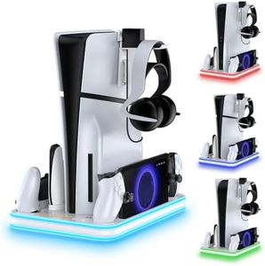 PS5 Slim Stand & Cooling Station with RGB LED Controller Charger, PS5 Accessories - White