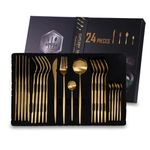KitchAntique Royal Gold Silverware Set | 24-Piece Satin Finish French Style Stainless Steel Flatware | Elegant Giftable Box | Dishwasher Safe Cutlery for Home, Restaurants & Corporate Gifting