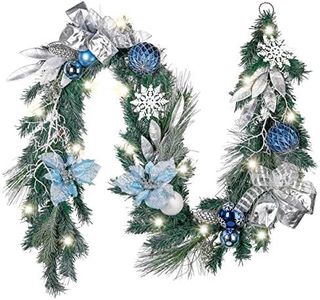 Valery Madelyn 6 Feet Pre-Lit Christmas Garland with Lights for Mantle, Lighted Outdoor Xmas Garland with Silvery Blue Balls & Magnolia for Home Stairs Fireplace Table Centerpiece Indoor Holiday Decor